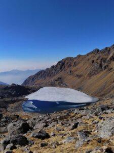 A breathtaking view of a frozen high-altitude lake in Nepal's Himalayas.