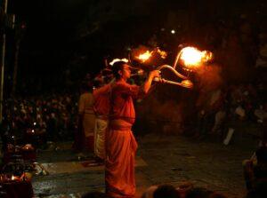A vibrant evening aarti ceremony at Pashupatinath Temple in Kathmandu, Nepal, showcasing the spiritual devotion and cultural richness.
